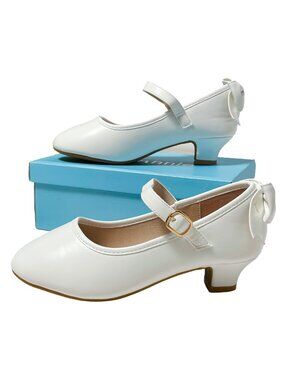 Girls White Flower Girl Heels Bow Back Mary Jane Dress Shoes Size 3